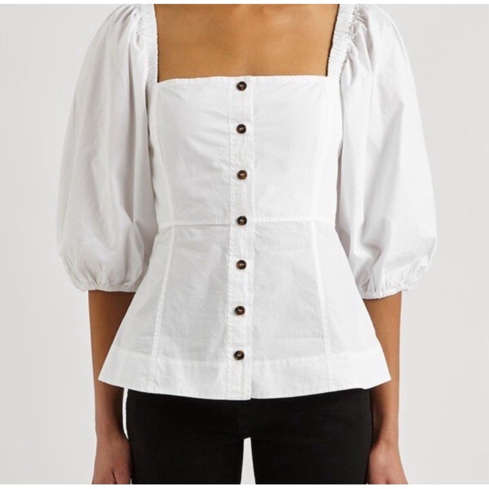 Ganni White Organic Cotton Poplin Puff Sleeve Button Front Blouse Top Size 32